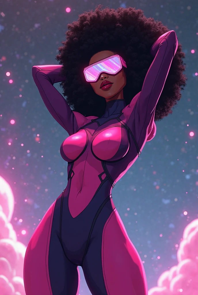 Black girl with long black braids in the universe above the earth wearing a bikini with purple sleeves and purple boots pointing up with purple glasses