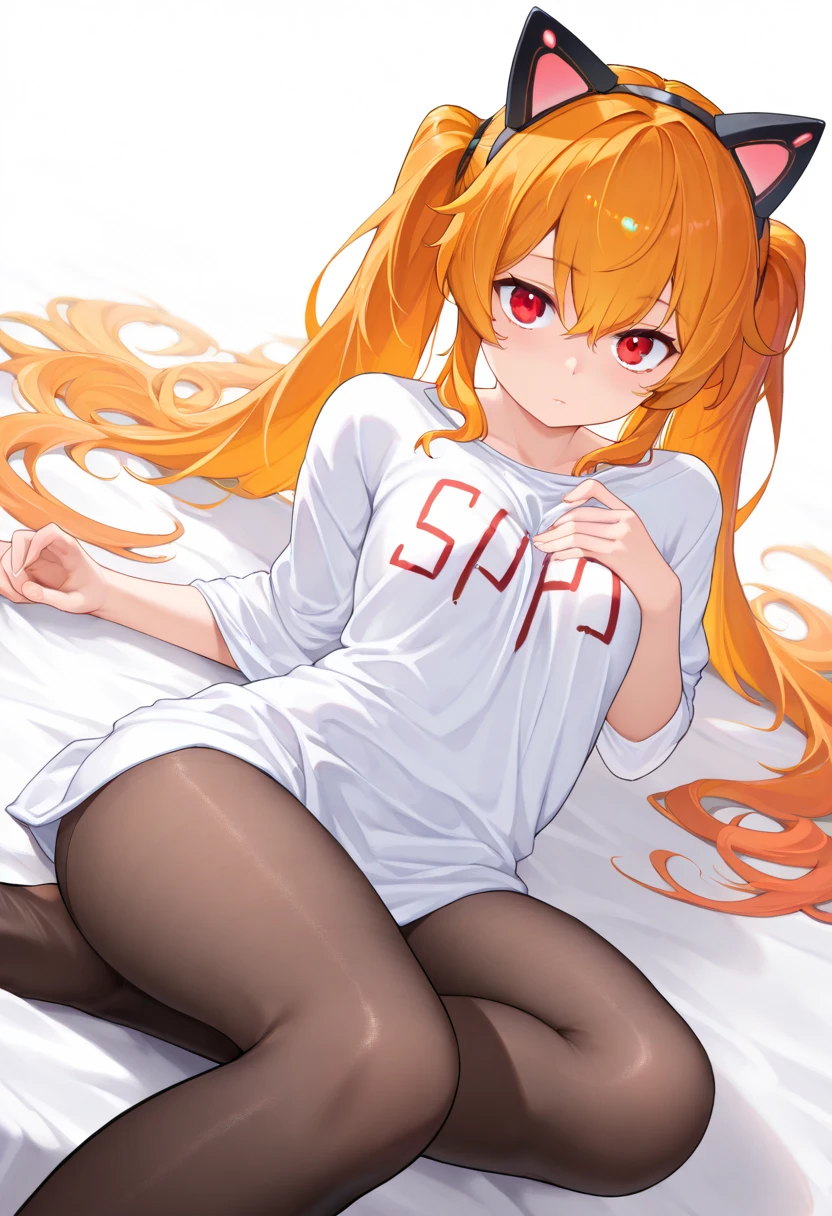 lina inverse、Detailed Description、high resolution、One Girl、Tan、Small face、Thin legs、Small waist、Orange Hair、long hair、Flat Chest、(blush)、Troubled face、White tank top、White panties、Lying down、belly button