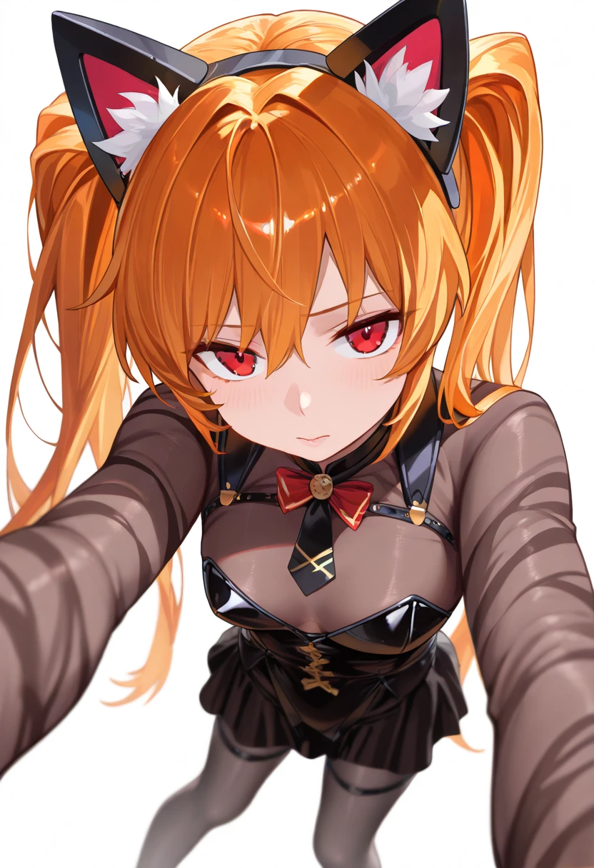((Biologically correct limb count))、(( From head to toe、Full-body photo including face))、4K、((Standing position))、masterpiece、((Focus on the face))、((Symmetrical facial features))、Eyes with detailed description、Beautiful woman、Great style、Beautiful arms、Beautiful legs、Beautiful Hands、(Small Ass、Thin thighs）、Facial detailing、Small earrings、necklace、(beret、Red and black leather gothic dress、((High heels、Patterned stockings))）、((Standing in front of an old castle in the daytime sun, looking up))、Close-up photo of the upper body、Silk gloves、(((Orange silver hair)))、(Thick fog)