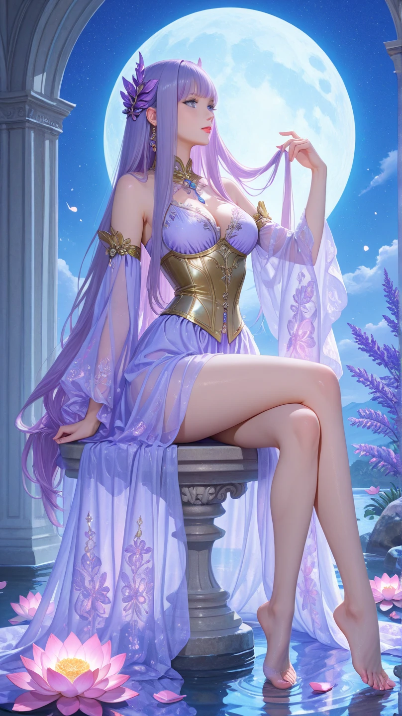 (wide angle photography), (full body), (((masterpiece))), studio light, studio photography, woman with purple hair wearing a tia, a beautiful fantasy empress, ((a beautiful fantasy empress)), fantasy art style, beautiful european princess with violet skin, 8k high quality detailed art, princess of amethyst, deviantart artstation cgscosiety, beautiful and elegant queen, epic fantasy art style hd, gorgeous digital art, beautiful fantasy art portrait