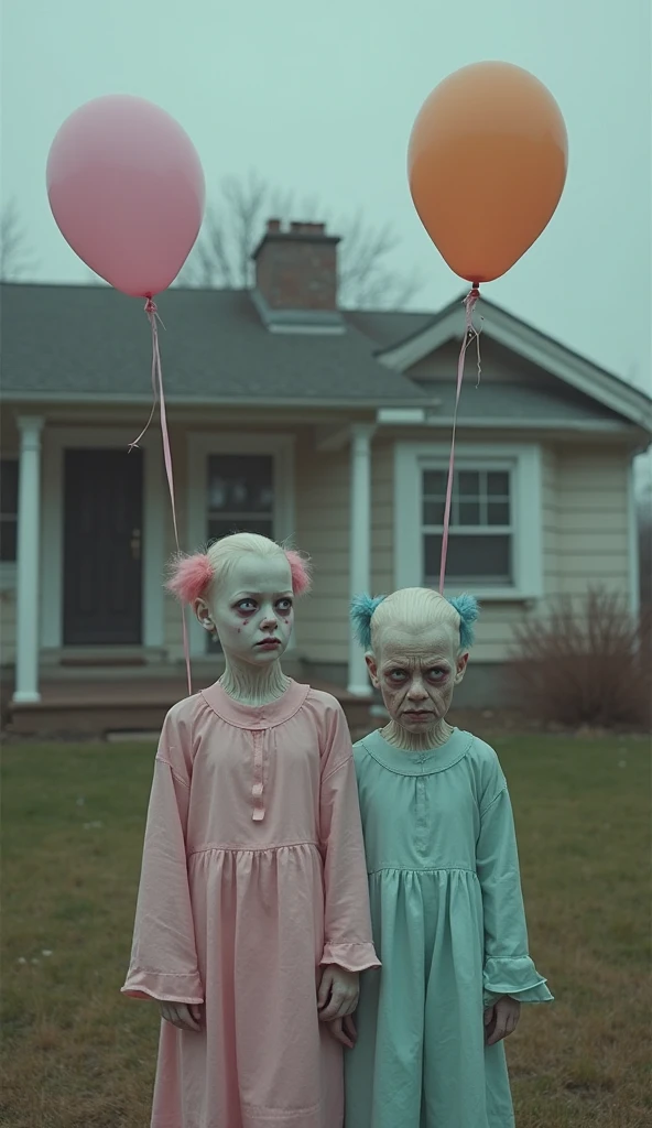 Best quality, masterpiece, two figures with balloon heads, wearing pastel colored clothes, house front background, detailed skin expression, detailed image texture, grotesque, horror, creepy atmosphere (not AI image), cloudy weather, foggy