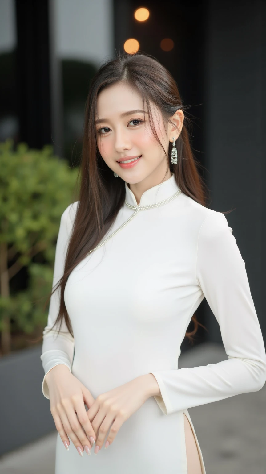 Best quality,masterpiece,ultra high res,(photorealistic:1.4),1 girl, solo,hime cut ,long hair ,light smile, vietnamese dress, outdoor,walking, beauty,pettiskirt, beautiful eyes, ultra realistic,32k,RAW photo,(high detailed skin:1.2), 8k uhd, dslr, soft lighting, high quality, film grain