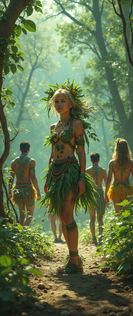 A bunch of frogs transform into lovely women (moss breast drapes and skirt, frog hands, light green skin with mottling, over large eyes) during a heavy rain, dancing around glowing mushrooms in a deep dark forest