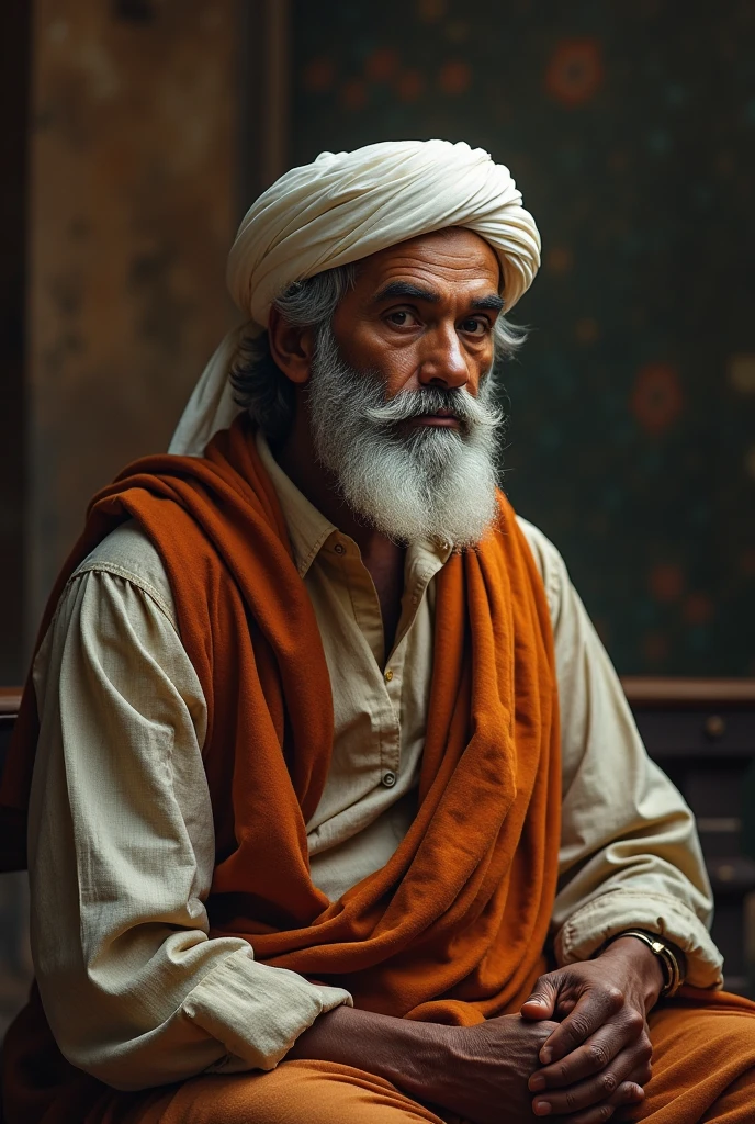 "Create a detailed image of Hazrat Wasif Ali Wasif, a revered spiritual figure from Pakistan. He should have a wise and calm expression with deep-set eyes and a long, well-kept beard. His clothing should include traditional South Asian attire, such as a white shalwar kameez and a shawl draped over his shoulders. The background should be serene, perhaps showing a simple room or a natural setting that reflects tranquility and contemplation. The image should capture a sense of wisdom, humility, and spiritual depth.