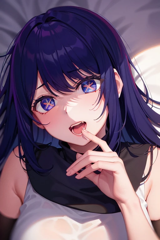(8k, Ultra-high resolution, The best masterpiece, best quality:1.2), Very detailed, portrait, Half Body, side, focus on eyes, HD RAW photos, career arrest, High quality and beautiful, 超高清 8k 影像照片, confess, Professional photography, (actual, actual相片: 1.37), Very detailed的美麗女孩, Super delicate face shape, Contoured eyes, (Very detailed eyes), Delicate skin, (HD Skin:1.2), Neatly contoured fingers, (20:1.2), Twenty generations, cute girl, young beautiful mother, solo, Ai Hoshino, Hoshino Ai, (Wear comfortable loungewear), Vibrant look, (Layperson, Living room), Dynamic dark purple long hair, shiny purple eyes, (Star-shaped pupil:1.5), one hand raised, Sensual, warm, Exuding motherly love, perfect anatomy, Detailed background, HD Background, Volumetric lighting, actual, stunning details, 8k Ultra HD, high quality, CG unity, C4D Rendering, 3D Rendering, Octane Rendering,