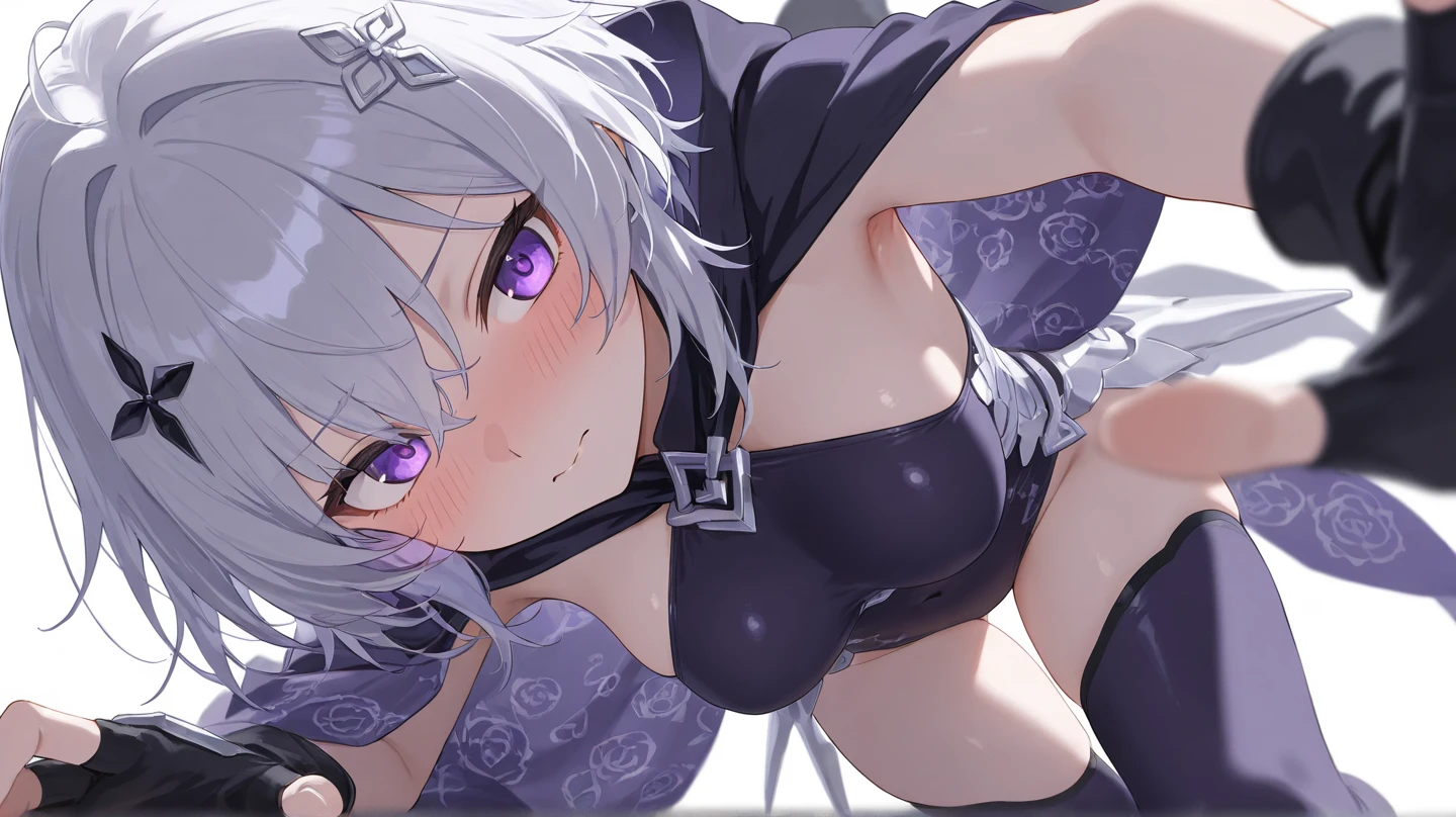 (8K, Highest quality, masterpiece:1.2),\(eye\),(\(Garment Details\)\),(Huge boobs) ,高画質CG Unity 8K ファイルサイズが大きい,Very detailed,High resolution,美しいeye,Ray Tracing,Dramatic Shadows,finely,Hyper Detail,(1 girl:1.3),(alone),Long Hair、wear(Cosplay_,Very cute black and purple lingerie with frills,Short skirt),blush、Thick thighs、((eyeに見えるパンティー))、((Black panties))、Knee socks、Two-dimensional woman、(((Squat)))、((Face forward and spread your legs wide))、Simple Background、Sweat a lot