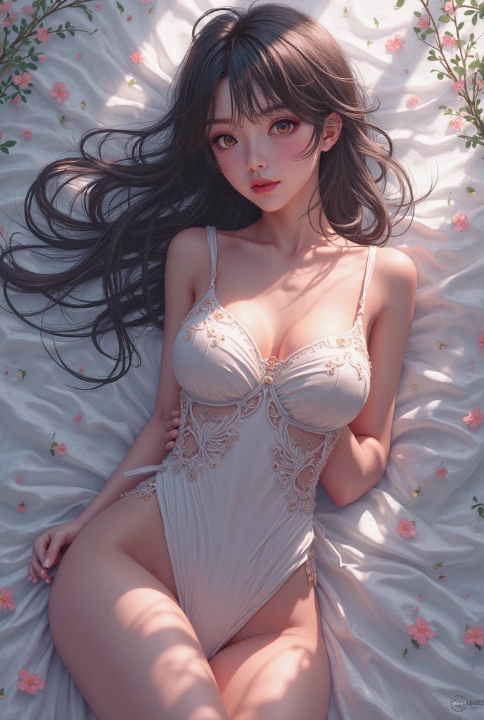 Sleeping girl lying in bed, maid hat, erotic lingerie, purple sock-rimmed pantyhose, straight legs, (best quality detail: 1.2), realistic, 8K HD, ultra detail, high quality texture, detailed texture, fine detail, high detail, very detailed CG, high quality shadow, delicate beautiful delicate face, ray tracing, beautiful legs, perfect petite, thin, extra long hair, earrings, necklace, smooth stockings, nude photo, room, narrow waist, wide hips, water