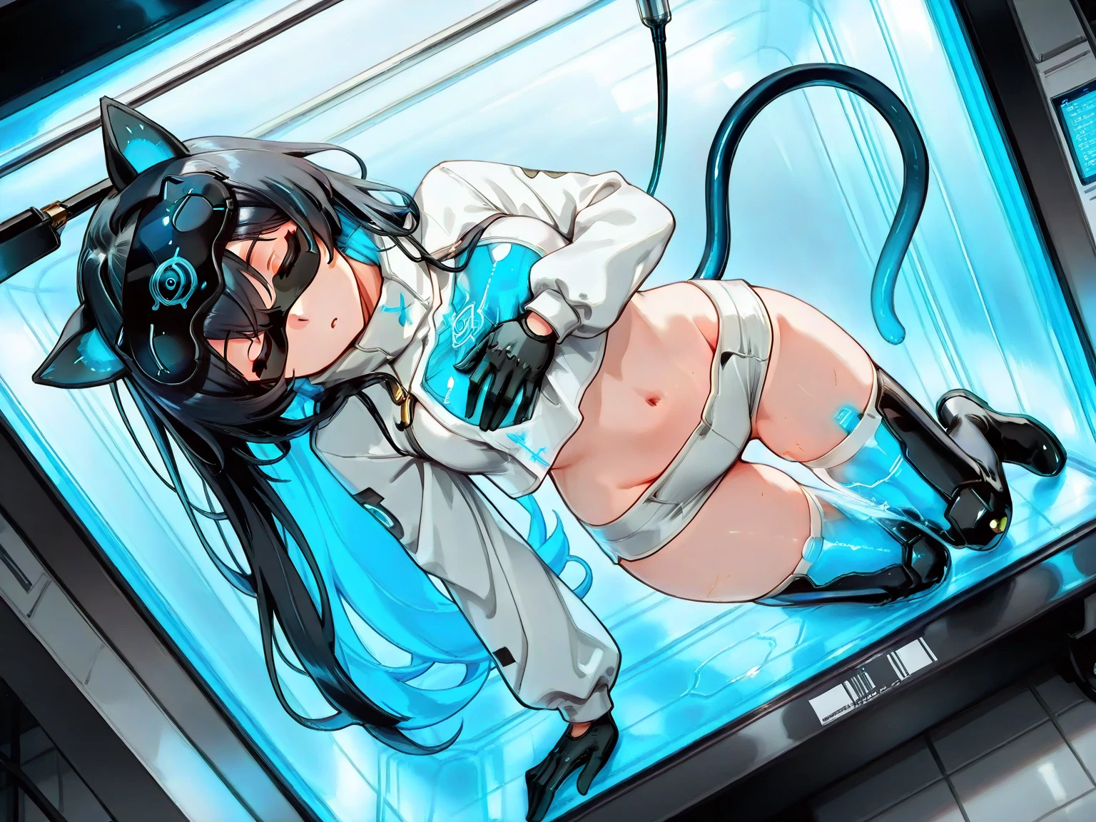 masterpiece, best quality, 1 girl, solo, white hair, long straight hair, ((nude)), flat chest, (((covered on head mounted display))), ((shackled to a torture chair)), ((ahegao)), collar, dark machine room, ((((excessive cum))))