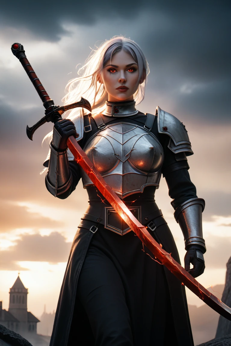 Woman. medieval armor. chrome. white  hair. wet. Rain with thunder . broken armor. eerie glowing red eyes 