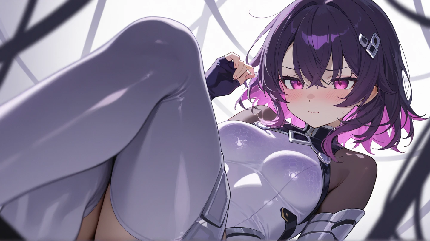 Ultra-detailed illustrations、Ultra-precise expression、masterpiece、Highest quality、ultra High resolution、High resolution、Hiromitsu Takeda Style、White background、Simple Background、One girl、solo、Mash Kyrielight、light purple hair,short hair,hair over one eyes、Rider Suit、purple heel boots、Purple eyes、Open your mouth、blush、Large Breasts、Big Breasts、Erect nipples、Choker of Hearts、White Breath、Sweat、Glowing Skin、shiny skin、Front angle、View your viewers、Raise one leg、