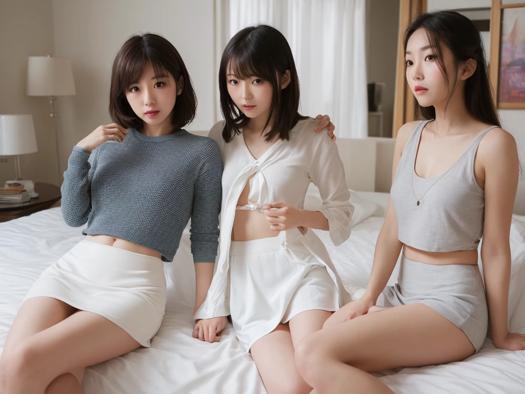((((Three Mature Women:1.8)))),Look at your audience with a smile,Wearing pantyhose,(Wearing a suit jacket、Wearing panties),Cleavage,自然なshort hairー,Ultra-realistic,photograph,masterpiece, Highest quality, 8k, Official Art, RAWphotograph, Unbelievably absurd,Amazing beautiful woman, Amazingly cute face,Short sleeve, Gardenia, Viola Lace,45 years old, No makeup, Film Grain, chromatic aberration, Sharp focus, Face Light, Dynamic Lighting, Detailed eyes and face,short hair、White skin、 Background bokeh、Super slim thighs、Sweaty skin