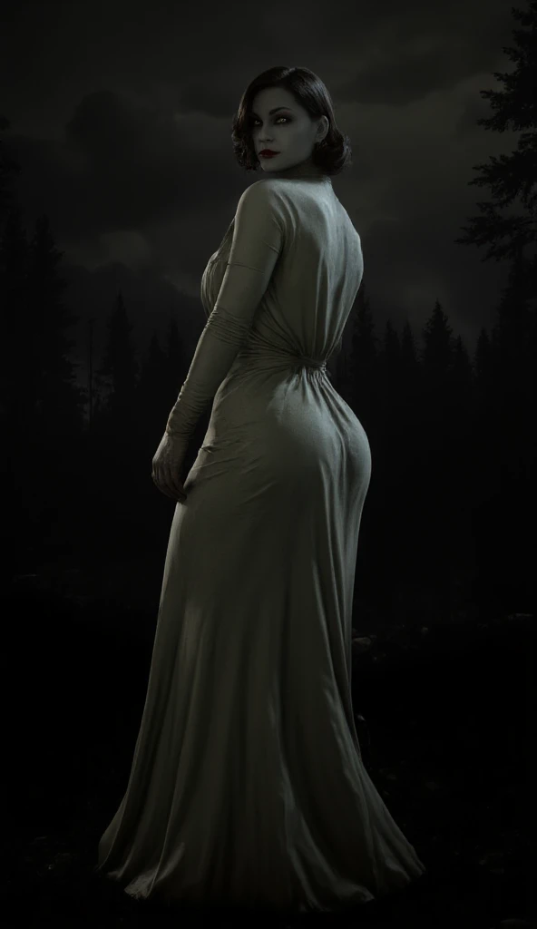 shot from far away, full body, nudity, large breasts, liminal space, eerie, unsettling, very low light, dark hour