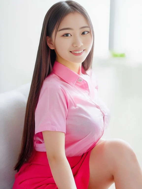 highest quality, figure, Ultra-detailed, finely, High resolution, 8K Wallpaper, 完璧なダイナミックな構figure, Beautiful Skin, (Big Eyes), 20 year old beautiful girl, Natural color lip, (Sexy pose), Mid chest, smile, Highly detailed face and skin texture, Detailed eyes, Double eyelid,leaking teeth and laughing, close-up,   medium brown hair, (Red shirt:1.2), indoor