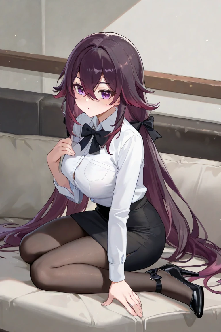 masterpiece, highest quality,blazer,One Girl,honkai_(series), Simple_background, shirt, head_ribbon, Open_Jacket, green_ribbon, Side Lock, With collar_shirt,hair_ornament, hair_intake, honkai:_star_rail, ribbon, Jacket, black_Jacket,Open_Clothes, School_uniform, alone, hairclip,Bed,Open your mouth and stick out your tongue,Dripping saliva,Undressing,