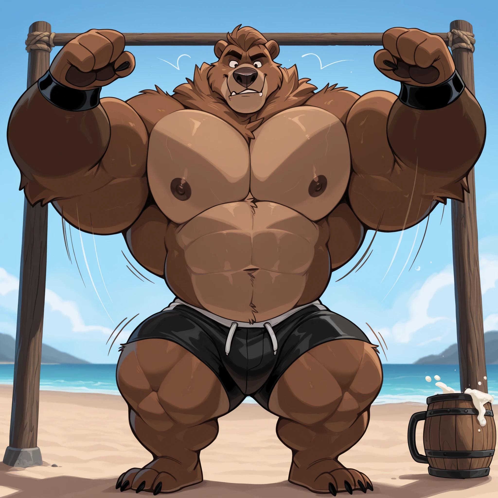 solo, 1boy, Huge Muscular Old Grizzly Bear wearing glasses , pectoral, huge pectoral, wide pectoral, brown fur, short brown hair, black competitive briefs, wristbands and shirtless topless, bearded, brown Mustache, muscle beach background, masterpiece, high detailed, 8k, high resolution, at the muscle beach working out on the cable crossover machine carrying over 100lbs and 45kgs heavy weights pulling the cable handles, pumping it up