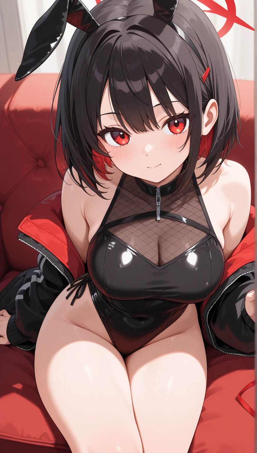 masterpiece, best quality, ultra-detailed, illustration,(1girl), Sarada Uchiha, looking at viewer, close up, (breast focus), (arms behind back:1.2), (from above:1.1), black hair, Medium breasts, (breasts out:1.3), (off shoulder:1.1), lace underwear, random pantyhose, black hair, red eyes, Sharringan eyes,