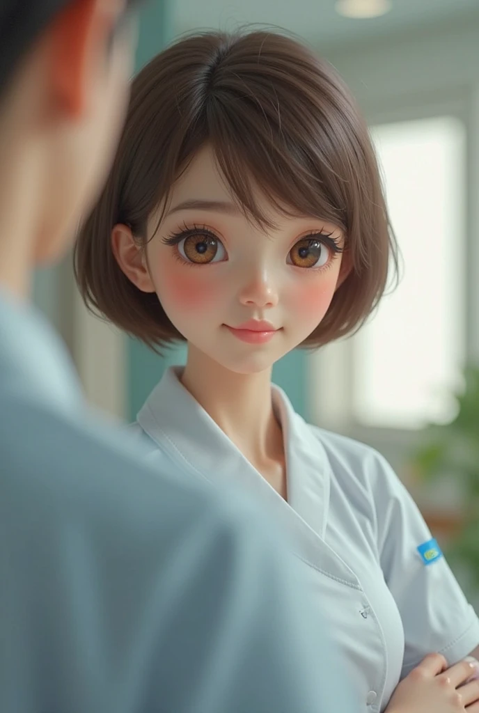 (table top, Photoreal:1.4, 8K), highest quality, masterpiece, ultra high resolution, perfect dynamic composition, Cute and sexy 22 year old Japanese nurse, big face, round face, sexy face:0.4, natural makeup,(distant eyes, blue eyes:0.8, Eyes that feel beautiful eros:0.85, small mouth, thick lips, A taste of beautiful eroticism:0.85),(light brown hair, french braid:1.1), Highly detailed skin and facial textures:1.3, tanned skin:1.2, slender body shape, Medium chest:1.2, shiny thighs:1.2, Detail of limbs, (laugh and completely charm you:1.0), (dark pink nurse costume:1.4, nurse cap:0.5, black pantyhose:1.2), (Too cute beauty:0.9), hospital room, ((look at the camera)), ((Squat to the side)),(shot from below:1.2)