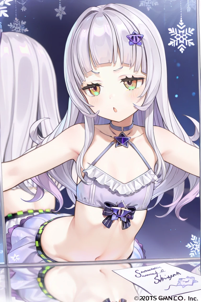1girl, (small breasts:0.8) pale skin, smile, (happy:0.6), (hair intakes:1.5), white hair, long hair, pointy ears, purple eyes, white bikini, cowboy shot, masterpiece,