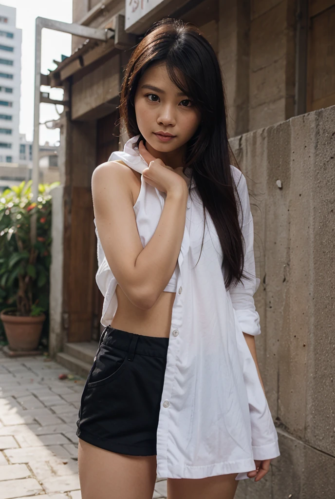 beautiful girl, sitting on the street, wear short shirts, ultra-short skirt, elegant face, glowing smooth skin, Ánh nắng rực rỡ, The photo exudes youthfulness, full of vitality of a growing girl. The shirt and skirt are made of shiny leather, Beautiful colors.