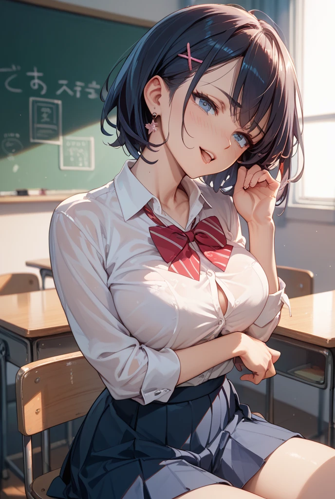 (Front angle:1.6)、(masterpiece, Official Art), One Girl, Black Hair, blue eyes, hair ornaments, Hair Clip, (school uniform), (shirt), (tie), (skirt), (Wet), (Huge breasts), very good、sunlight,classroom、During class、 View Audience, Grin,Cum on face、 Charm, blush, Charm服, , (Place your hands between your legs), (Sitting on a chair、Put your chest on the desk),White panties、Short Bob、Sticking out your tongue、Dripping a huge amount of saliva、Peeing、squirt pee、tits 、titsをテーブル机の上に胸を置く、nsfw