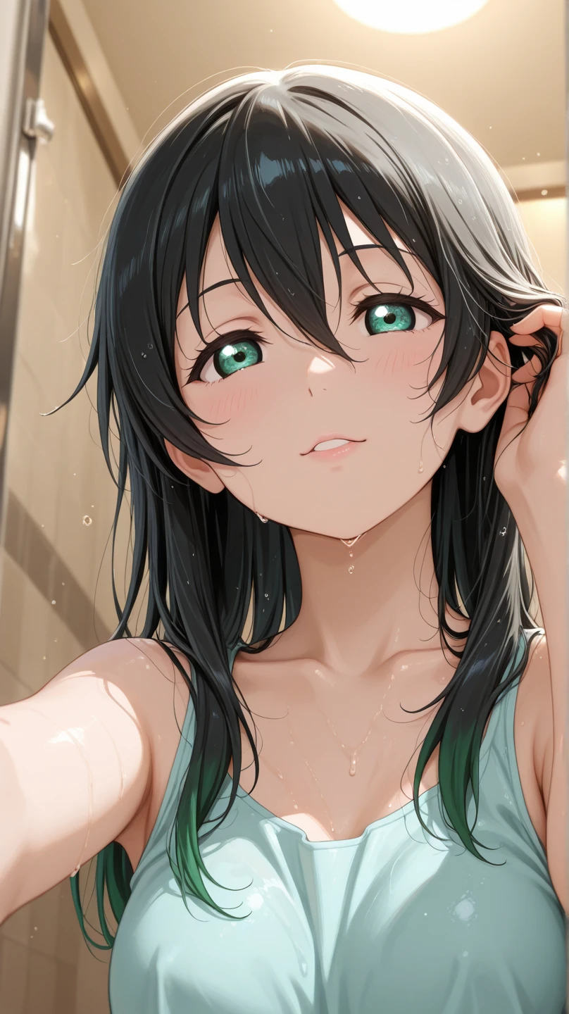 Micro Bikini,Parker jacket, (High resolution:1.4), (masutepiece:1.2), (High quality:1.3) 1girl, saten ruiko, green eyes, long hair, black hair, small breast, cinematic lighting, pov, grin, dynamic angle, party pool,
