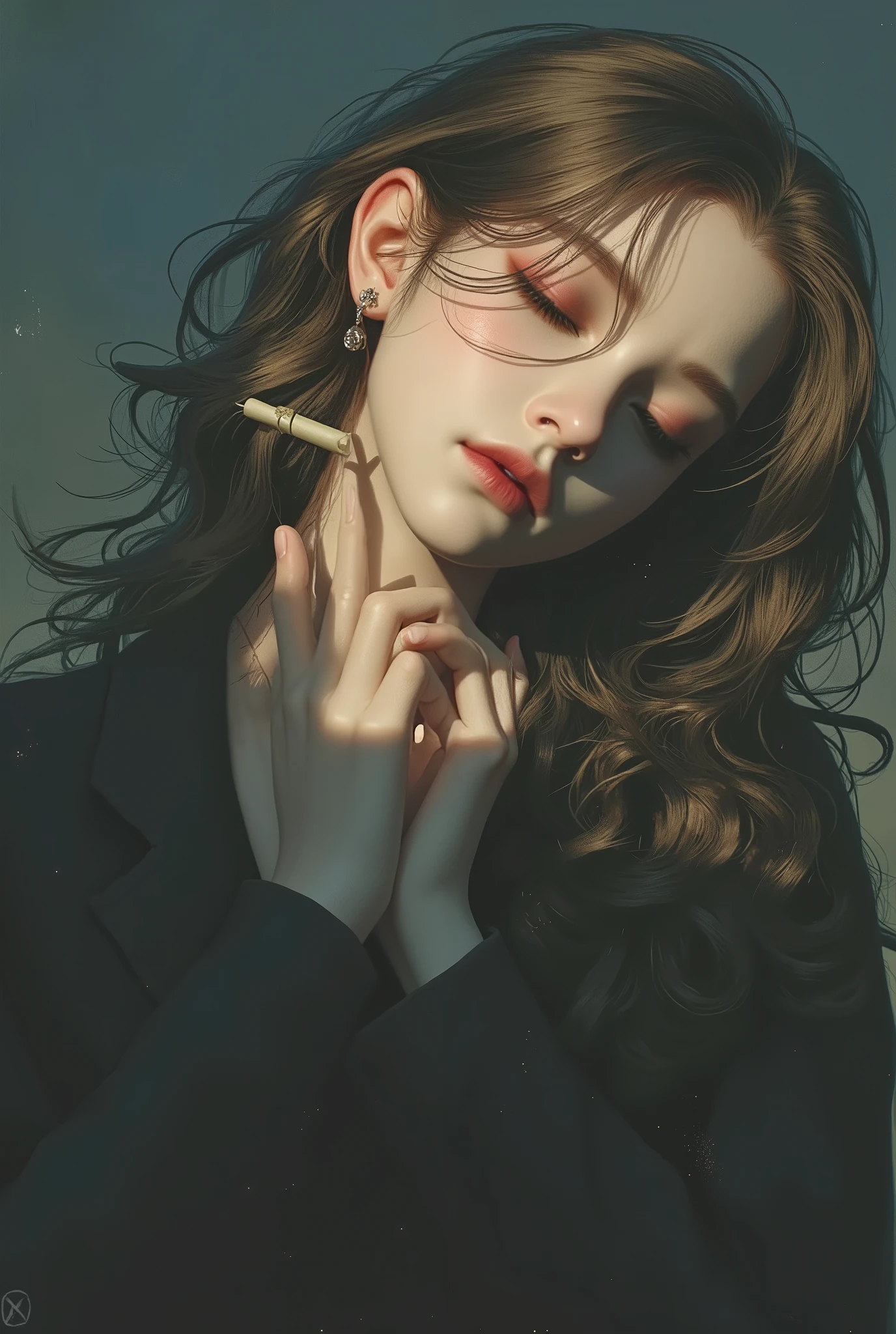 there is a man smoking a cigarette and looking at the camera, wearing black clothes, black hair, realistic art style, realism artstyle, ealistic man painting, realistic digital art, artwork in the style of guweiz, gorgeous digital painting, jimin, park jimin, bts jimin, kpop male face, handsome man