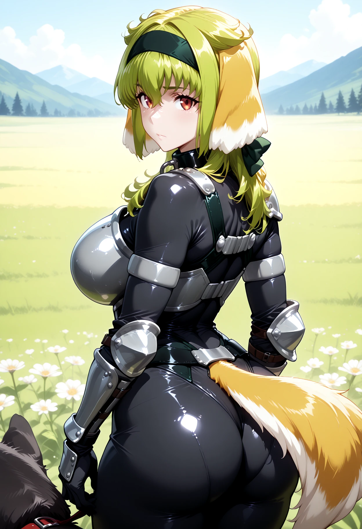 ((best quality, masterpiece, perfect anatomy, detailed picture)), furry, 1female, arctic ferret, sexy body, breasts, long white hair, ponytail hair, grey eyes, black sclera, ferret tail, doom slayer outfit, red blushing, shy, in the bedroom,