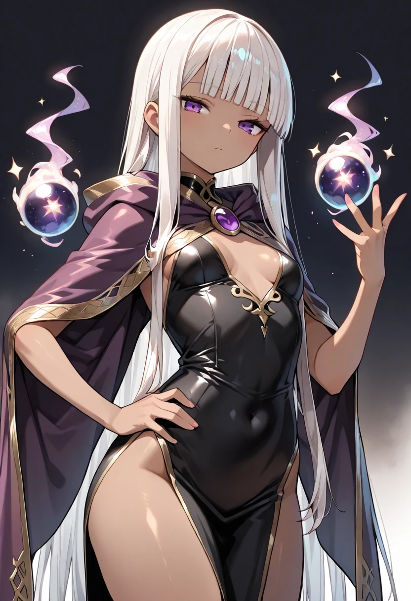 A young silver haired female witch with green eyes and an hourglass figure in a conservative Victorian dress is blushing while playing with a ball of green magic