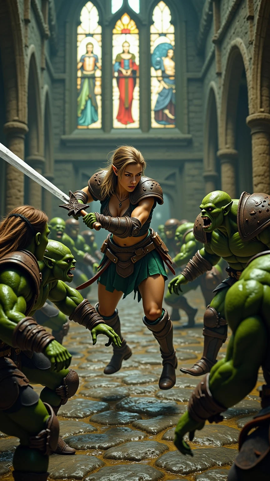 a frightened Emma Watson transforming into a goblin, green skin, fantasy marketplace, loose clothing, highly detailed, 8k, realistic, photorealistic, dramatic lighting, vivid colors, cinematic composition, fantasy, concept art style