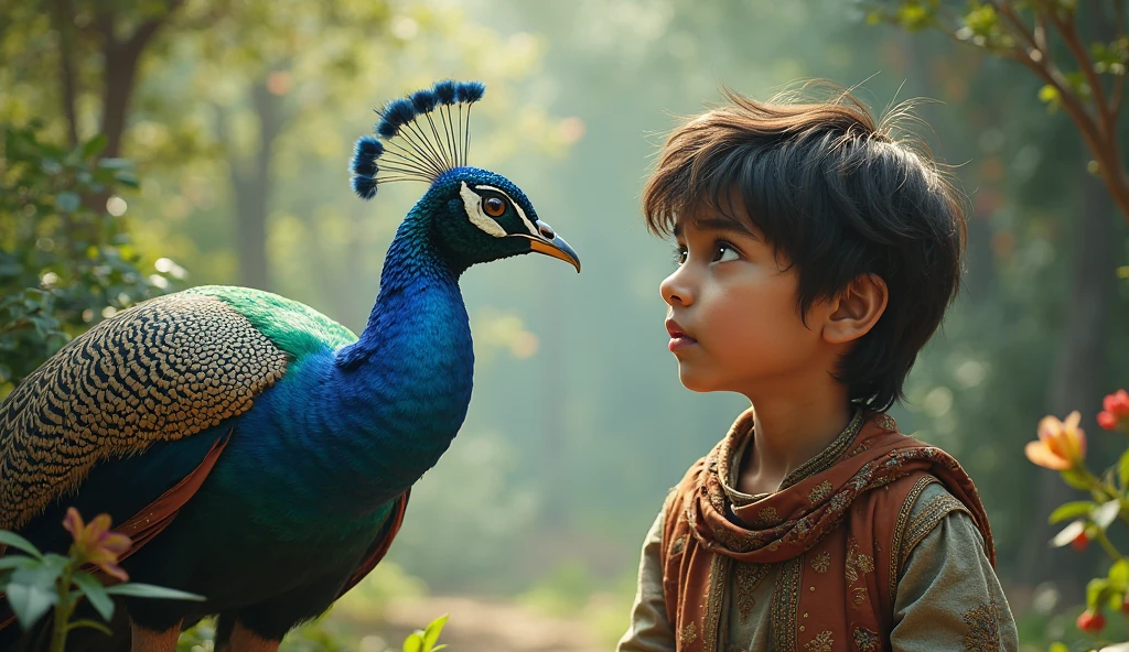 Create 3D image of 1 Indian devotional boy sitting next to makka madina  and  boy  is seeing flute, they both are on swing and swing is nicely decorated  boy is wearing black color T-shirt with name “mahd taha" written on it, heaven like beautiful scene background, peacock dance, realistic image and boy is bare feet.