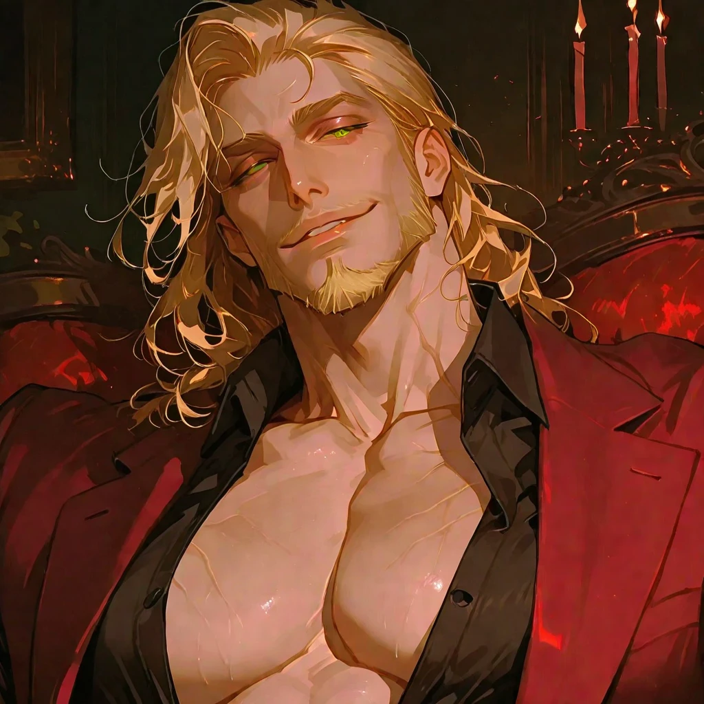 Handsome vampire male. Ash blonde hair. Long curly hair. Royal attire. Chest harness. Freckles. Piercings. G
