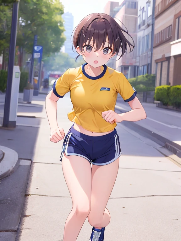blue sky,cloud,In the car,Lying on your back,,1 Girl, Red eyes, Twin tails, brown hair,((顔 focus)),upper body,Navy blue school swimsuit, undressing,Chest flashing bangs, eyebrows visible through hair, Small breasts,1boy,penis,Having a penis,hand job,