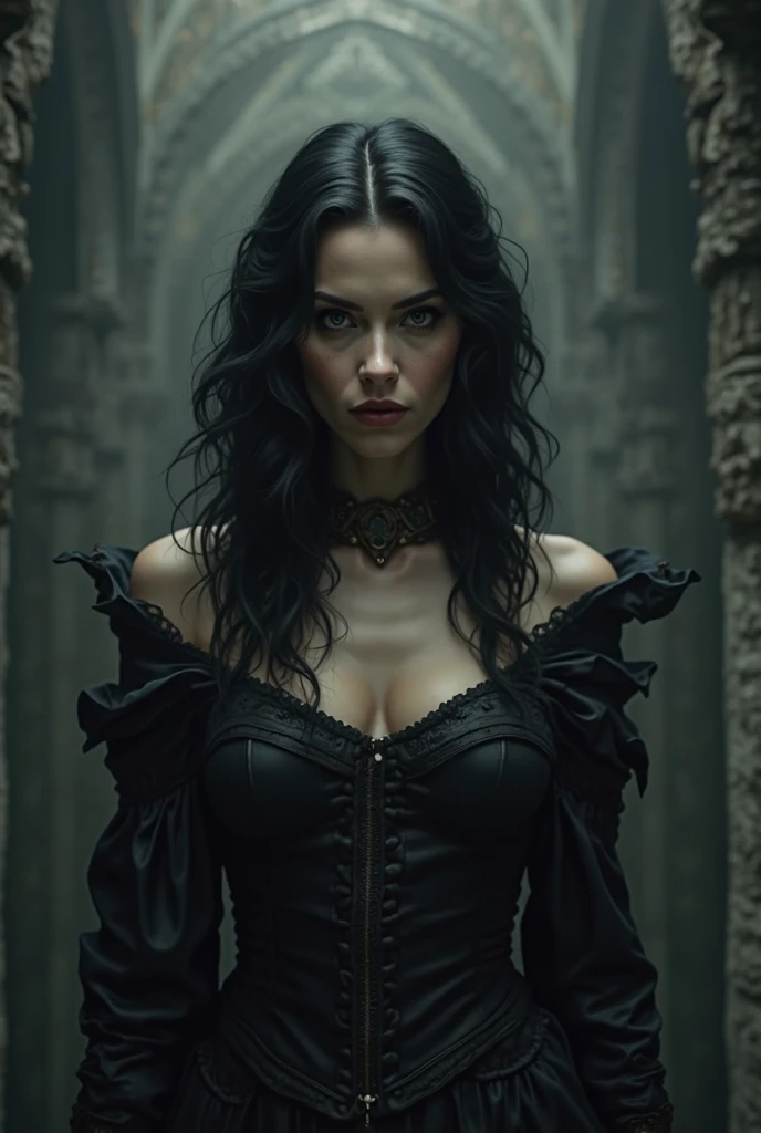 masterpiece, best quality, HD, Delicate texture, Real People,Realistic style,Evil Witch Queen, Fierce expression, Fantasy Art,Black long hair,Magic Mirror, palace, Black robe,Movie Lighting,Looking at the camera