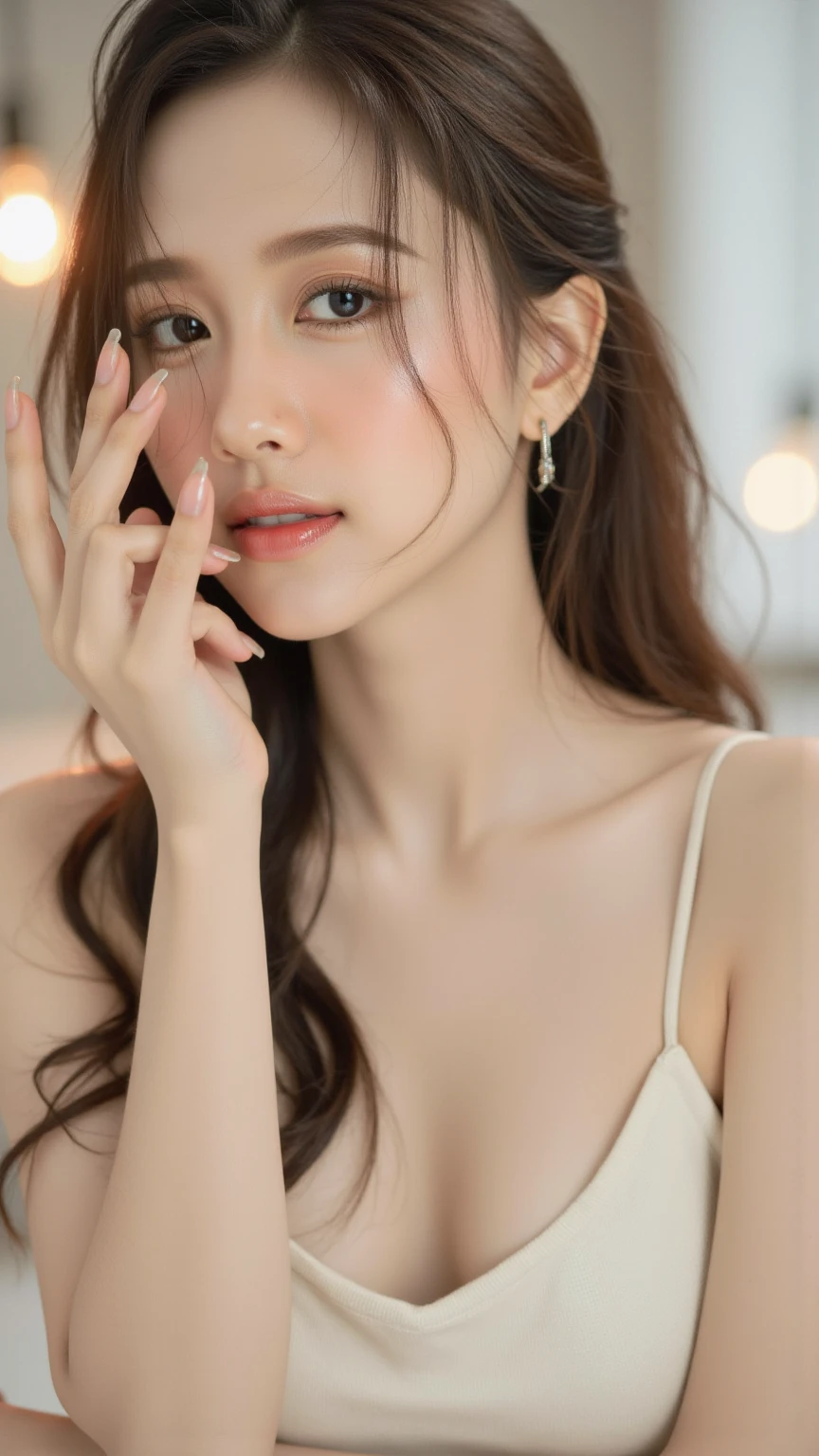 (8K、RAW photography、Highest quality、masterpiece:1.2)、(Realistic、Photorealistic:1.37)、Ultra-high resolution、One Girl、cute、solo, Browsing Caution，Highest quality，masterpiece，8K，Droopy eyes，Big Breasts，Beautiful breasts, On the bed, Model Shooting Locations, Sexy pose, Bare Chest, Face overflowing with white liquid,Highly detailed face, Highly detailed lips, Fine grain, double eyelid, Exquisite detail and subtle sparkle, Photograph her in poses that reflect both grace and confidence, Enhance visual effects with cinema lighting. Use modern 2D design for the background, Create beautiful, balanced compositions. Enhance the scene with elements such as depth of field, bloom effect, And a touch of sparkle, Add a dreamy texture to the overall image. Pay close attention to detail