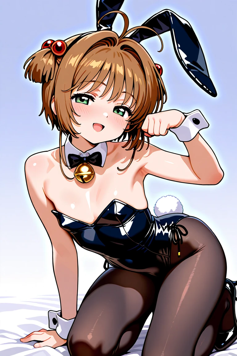 1girl, bunny ears, rabbit ears, large breasts, thick thighs, tall, tall female, toned, athletic, black leotard, bunnysuit, leotard, brown hair, short hair, ponytail, yellow eyes, mature female, light smile, cleavage, elbow gloves, fishnet, fishnet pantyhose, bowtie, red trim, red bowtie, ((brown hair))