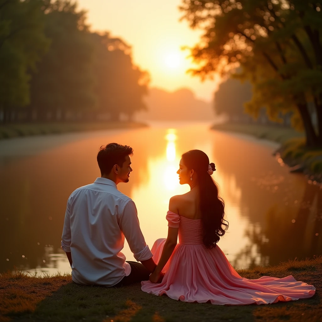 Boyfriend and girlfriend share a passionate kiss in the park under a heart-shaped tree、Aurora