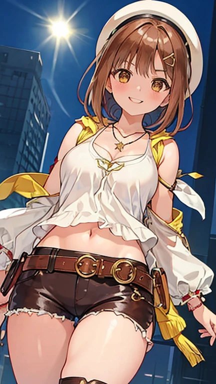 Ryza, 1 girl, With two people, shorts, gloves, belt bag, have, head ribbon, jewelry, (red shorts), brown hair, thighs thighs thighs, short shorts, bridal leg wear, necklace, brown eyes, single glove, hair ornaments, Barrette, star necklace, shoes without toes, leather, star (symbol), white hat, Brown gloves, Knee-high boots, short hair, thighs thighs thighs, leather Belt, brown belt, leather gloves, Jacket, blue belt, belly button, thigh boots, ノースリーブJacket, thigh pouch, white thighs, clavicle, 黄色のJacket, brown shoes, cleavage, huge breasts, ((alchemy)), ((footjob)), (((close up of penis))), (((open your legs))), ((footjob)), (evil smile), (((angle from below)))、((foot on penis))、((cum))、open your lips、 Grinning smile、perfect proportions、(((Kickboxing)))、((in her room))、((kick the penis))、(she kicks the guy)、(((Mixed wrestling))), (((She is knee striking))), ((1boy)), (man falling down)、((penis)), (((eject cum))), ((cum on leg)), Semen comes out of the penis, (penis on her leg), kicking、raise your knees、((kicking penis))、