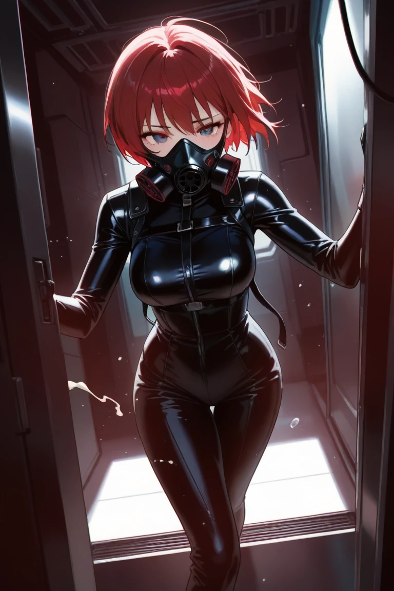 (masterpiece:1.2, best quality), 1girl, 18yo, curly ginger hair, freckles, wearing gas mask, torn black dress, nipples, small breast, red panties, noir, dark desolate city, anime minimalist, lwsh