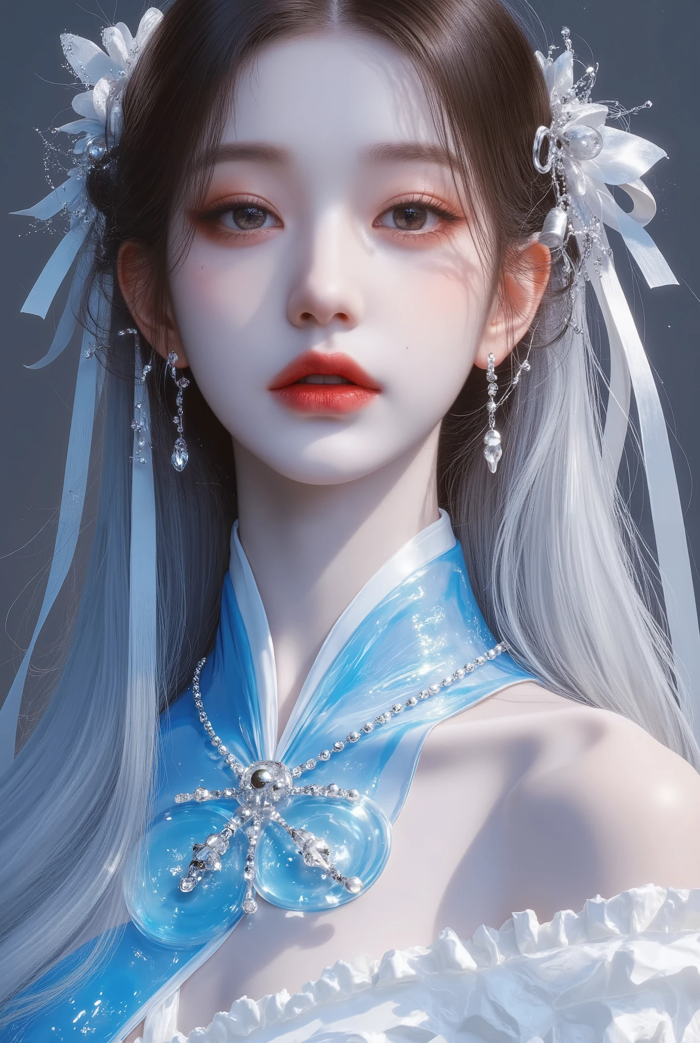 (Full Body), A luminous Chinese beauty (Dilraba Dilmurat) from ancient dynasties (221 BCE - 220 CE) stands majestically against a neutral background, her vibrant white-blue twotone Wuxia attire radiating an otherworldly aura. David Lachapelle's lens captures the frozen moment of her polished body, Si-fi graphics luminescent attire, and captivating gaze meeting the camera with unflinching intensity. reflected light liquid metal fabric attire, 8K resolution reveals razor-sharp features, high-contrast details, and Traditional Chinese hairstyles, while a subtle sheen on her lips hints at the application of Traditional lipstick, spiritual cosmic to realistic, reflected light Glass hair pin