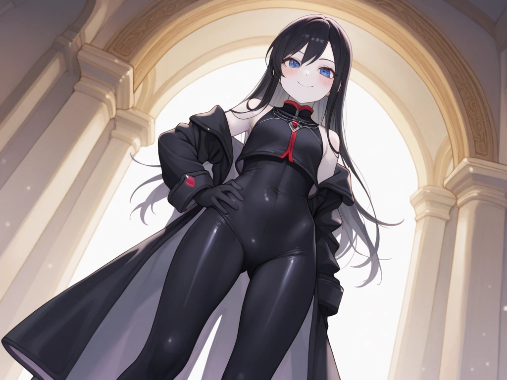 masterpiece, highest quality, One girl, Violet Par, Hero Suit,Bodysuitask, Long Hair, Black Hair, Hair on one eye, close, alone, View your viewers, smile, Simple Background