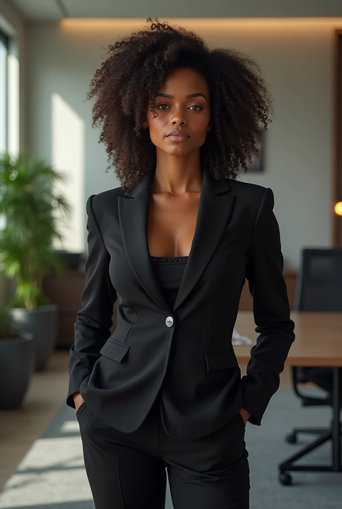 26 year old beautiful busty asian woman,Highest vulgarity image quality、realistic、16K、vulgarity makeup face、cute、curly hair、muscular,Standing、OL in the office、black mini skirt suit、whole body、Annoyed、panoramic、show me your long legs、Photographed quite far away、whole body姿、arms folded、Full body、