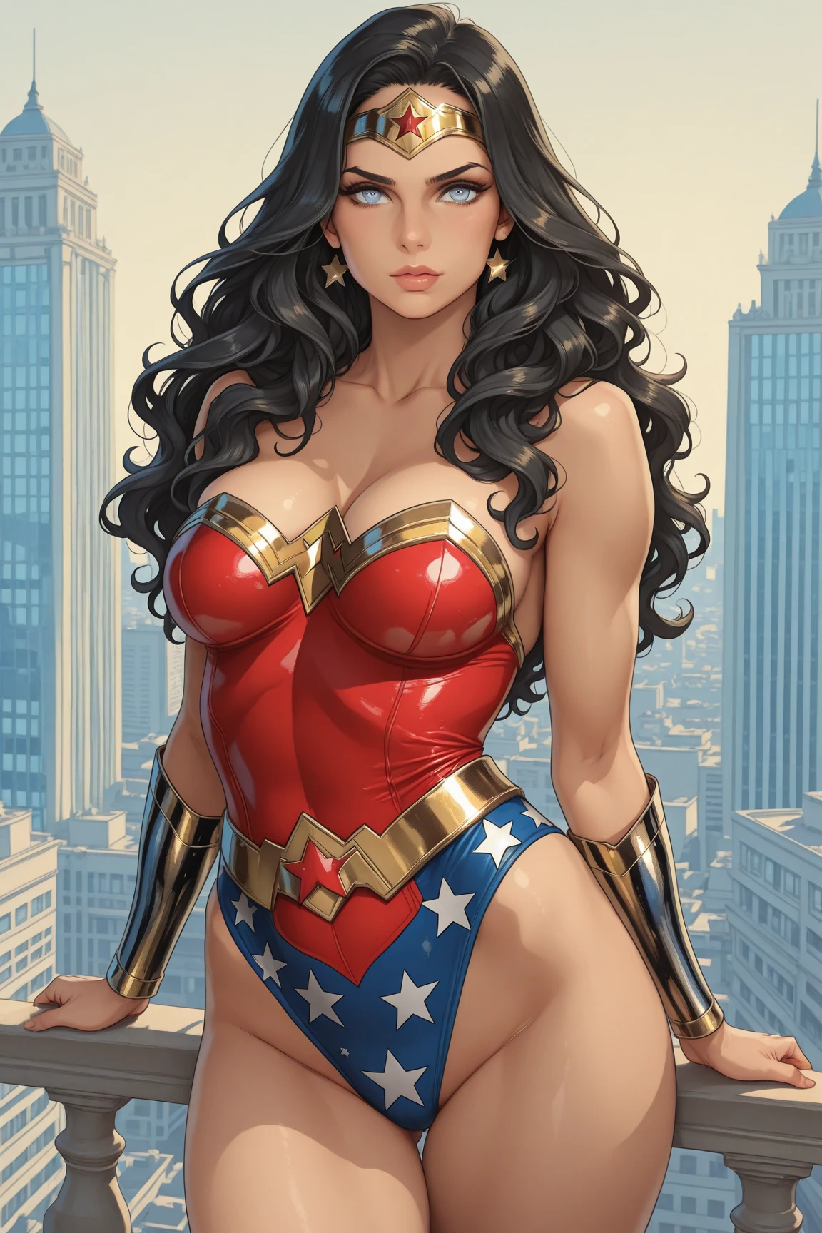 Natural Beauty, Masterpiece, Hailee Steinfeld, Perfectly Accurate Face Proportion, Thick Eyebrows, Wonder Woman, Wonder Woman Tiara, Big Breast, Curve Wide Hips, Toned Thighs, Toned Arms, Sheild in her hand, landing on a rooftop looking over the night city, Grin On Her Face