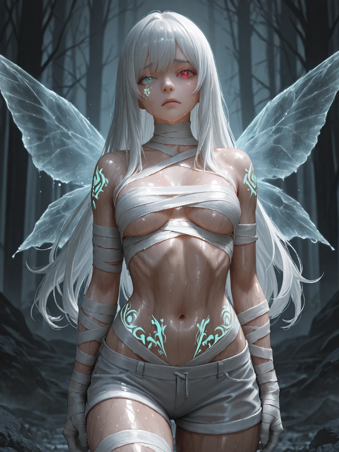 Top quality, Photorealistic, 8K, High Definition, absurd res, high res, ultra sharp, masterpiece, (masterpiece), best quality, expressive eyes, perfect face, Super eyes, masterpiece, highly detailed exquisite character art, epic fantasy digital art style, detailed digital 2d fantasy art, ultra-realistic, dark fae, fairy male, skinny male fae, transparent fairy wings, tall, intimidating, looking from below, smirking, dark forest, corrupted forest, fairy male, god, deity, slim body, pale skin, white hair, white eyelashes, glitter, glowing, wet, sweating, drinking tea, sword, flowers, plums, raining, fairytale-like, pecs, god rays