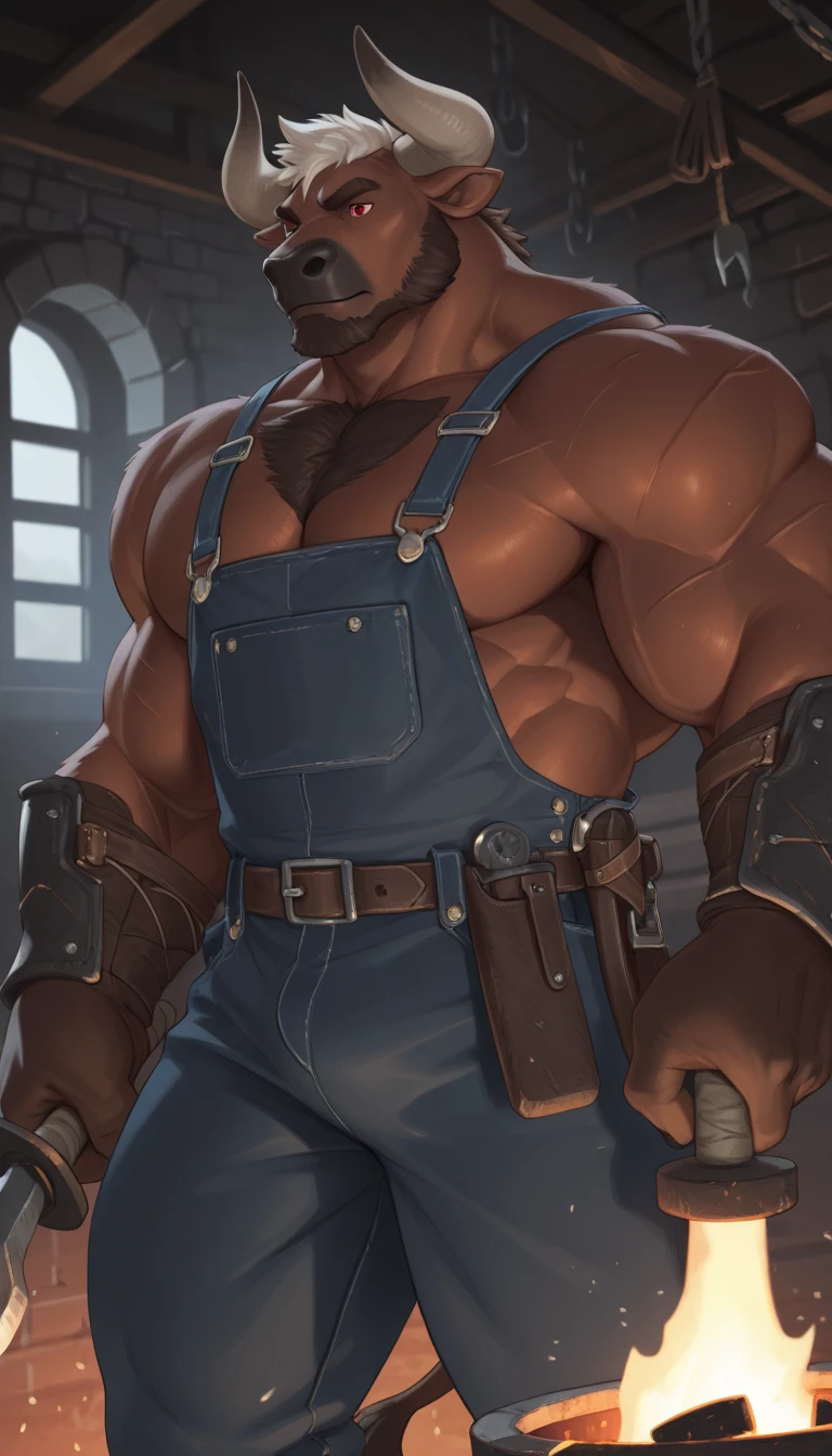 A burly, virile, and hairy dwarf, exuding the irresistible charm of a himbo muscle daddy. His middle-aged features, adorned by a long, bushy beard and a thick mustache, reveal a life of experience and adventure. His body, sculpted into a warrior's build and a bodybuilder's physique, is a testament to his unyielding dedication to physical fitness. The hair on his chest and belly forms a carpet of thick fur, while his hairy arms and legs are adorned with a natural, untamed layer of hirsute. Every muscle on his overmuscular and musclebound frame is defined and bulging, veins pulsing beneath the surface, hinting at his incredible strength. Despite his advanced age, his grey hair only adds to his handsome and dreamy appearance.
