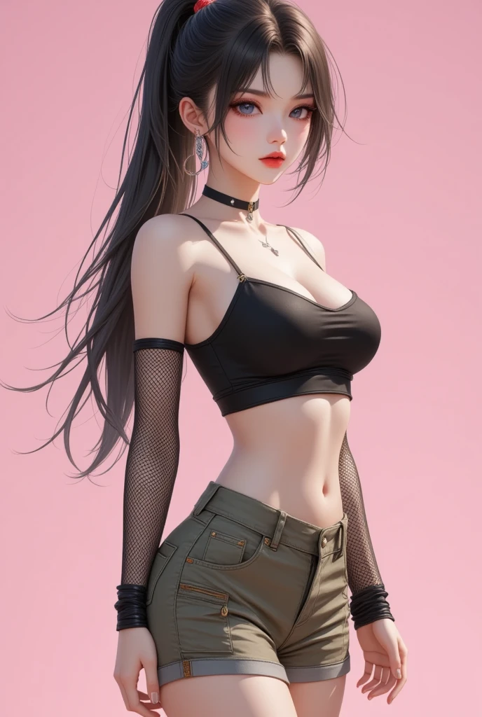 taller slim woman, (laughing:1.2), slender, narrow-waisted pants, (multicolored hair:1.3), voluminous messy hair, asymmetrical long hair, (gothic eye makeup:1.3), (brown skin:1.3), (tanned skin:1.3), (bronze skin:1.3), gorgeous eyes, well toned abs, open legs, knees up, visible under chest, showing underboobs, visible lower breasts, dynamic pose, sexy pose, cinematic angle