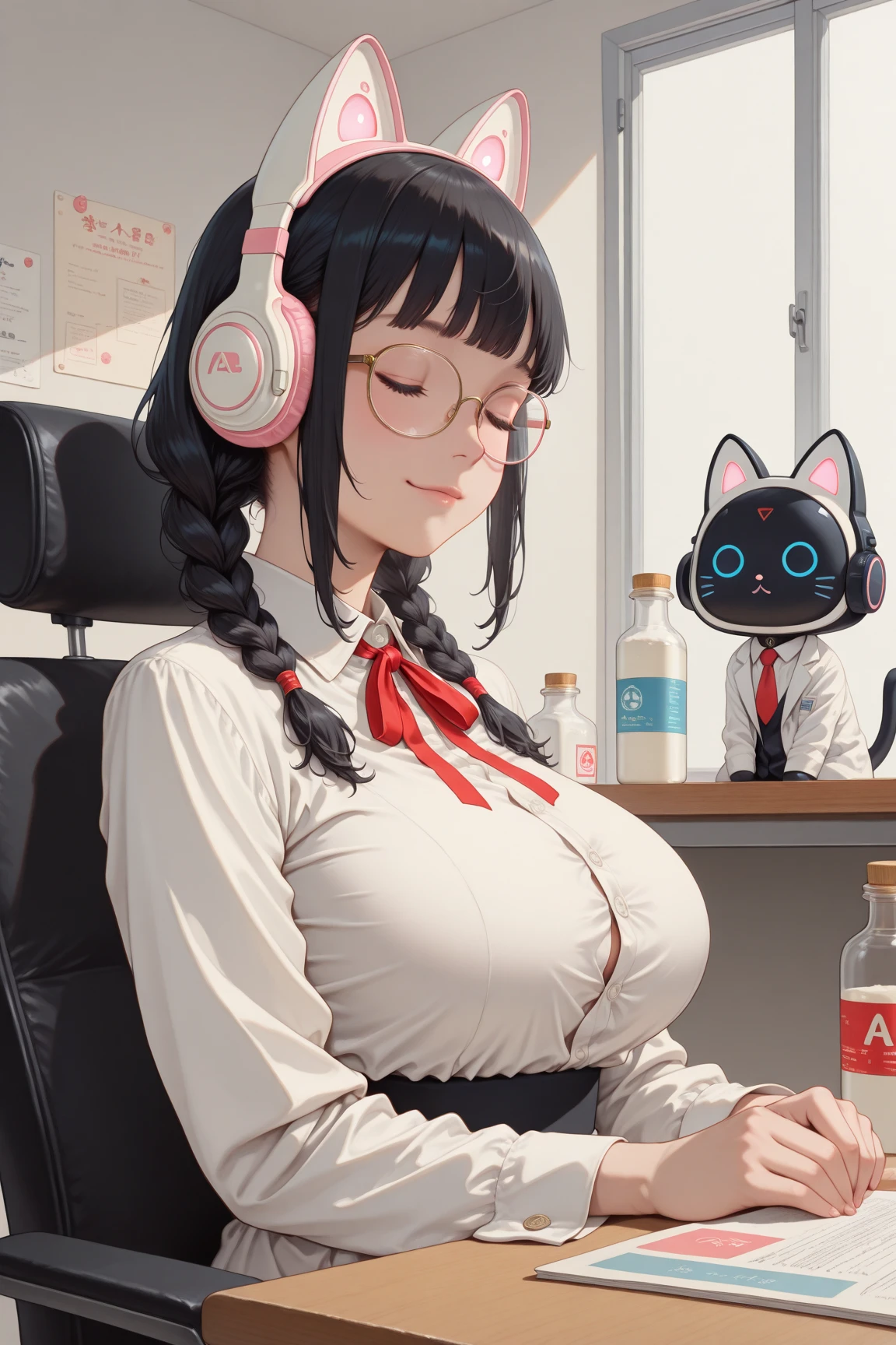 Girl in pink sweater and headphones sitting beside her doing homework，inspired by Ma Yuanyu、(((Ridiculously large breasts)))、(Ridiculously huge breasts:1.5)、((huge udder))、Shin Jingyin(Shin Jingyin)、bae suzy、a Korean girl，Beautiful Korean Woman，ulzzangs，Soft 8K portrait shooting，lofi girl aesthetic，Beautiful young Korean woman，xintong chen，With a cute and delicate face。