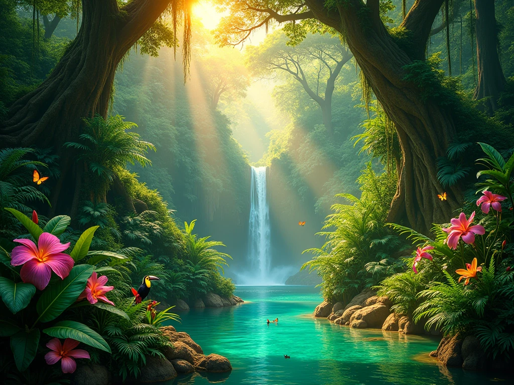 A breathtakingly dense and vibrant green jungle, teeming with life under a golden sunbeam-filtered canopy. Towering ancient trees with massive roots, draped in emerald moss and creeping vines, create a natural cathedral. Lush ferns, giant elephant ear leaves, and exotic flowers in shades of fuchsia, turquoise, and gold burst from the undergrowth. A crystal-clear jungle river winds through the scene, reflecting the verdant foliage and colorful orchids. Sunlight pierces through the mist in dramatic rays, illuminating butterflies, hummingbirds, and a curious toucan perched on a branch. In the distance, a hidden waterfall cascades into a turquoise pool, surrounded by glowing bioluminescent plants as dusk begins to fall. Ultra-detailed, hyper-realistic, cinematic lighting, 8K, National Geographic style.