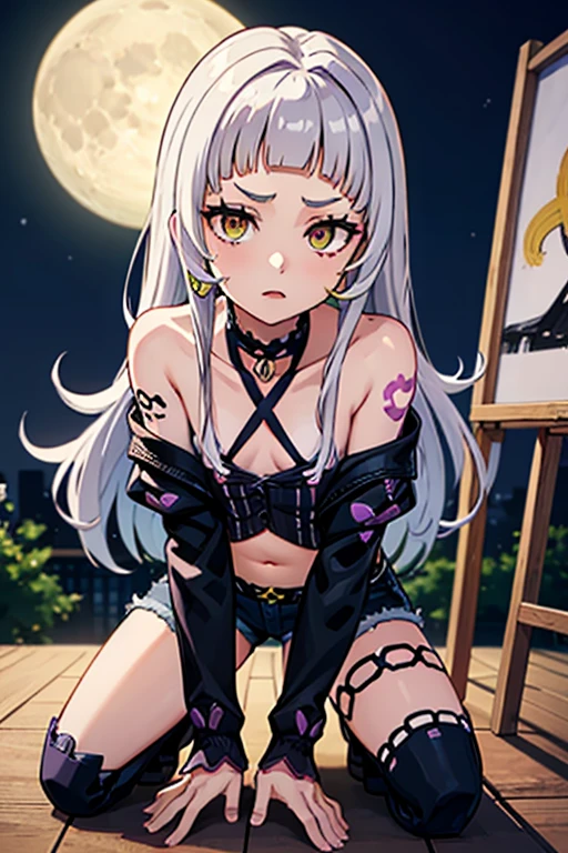 1girl, womb tattoo, cropped shirt, sitting, goth, grin, thong