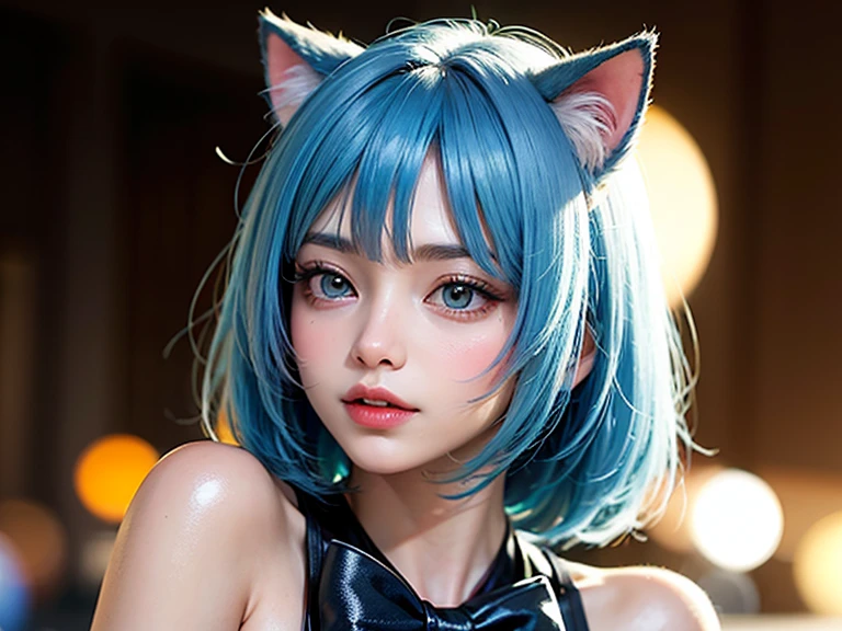 1girl,egirlmakeup, messy hair, messy pigtails, messy bangs, aqua hair, big breasts, collar, outdoors, looking at viewer, pale skin, cat ears, freckles