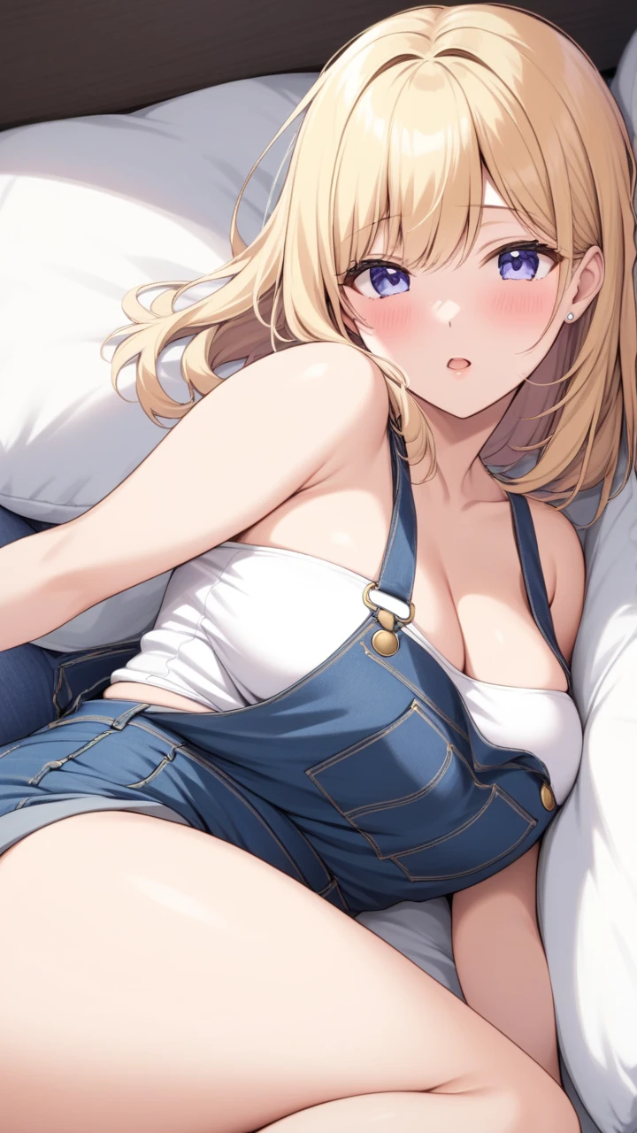 2d, Superb, (Masterpiece), (Full length), (Shiny amber hair:1.6), (Wavy medium hair:1.6),(fluffy hair:1.3), (Brown beautiful girl), (Healthy dark skin), (Sunburn mark), clavicle, (Denim hot pants:1.3), (White short sleeve see-through top), White camisole,JK,Slender figure ,Glamorous Bare Feet, Beautiful shiny legs,, Brown Eyes, Attractive thighs, Medium chest, bedroom, On the bed, Light from the window, Sexy expression, Sweaty, Wet Hair, Drops from hair,Put your hands on your chest, Breathless, Bold pose、